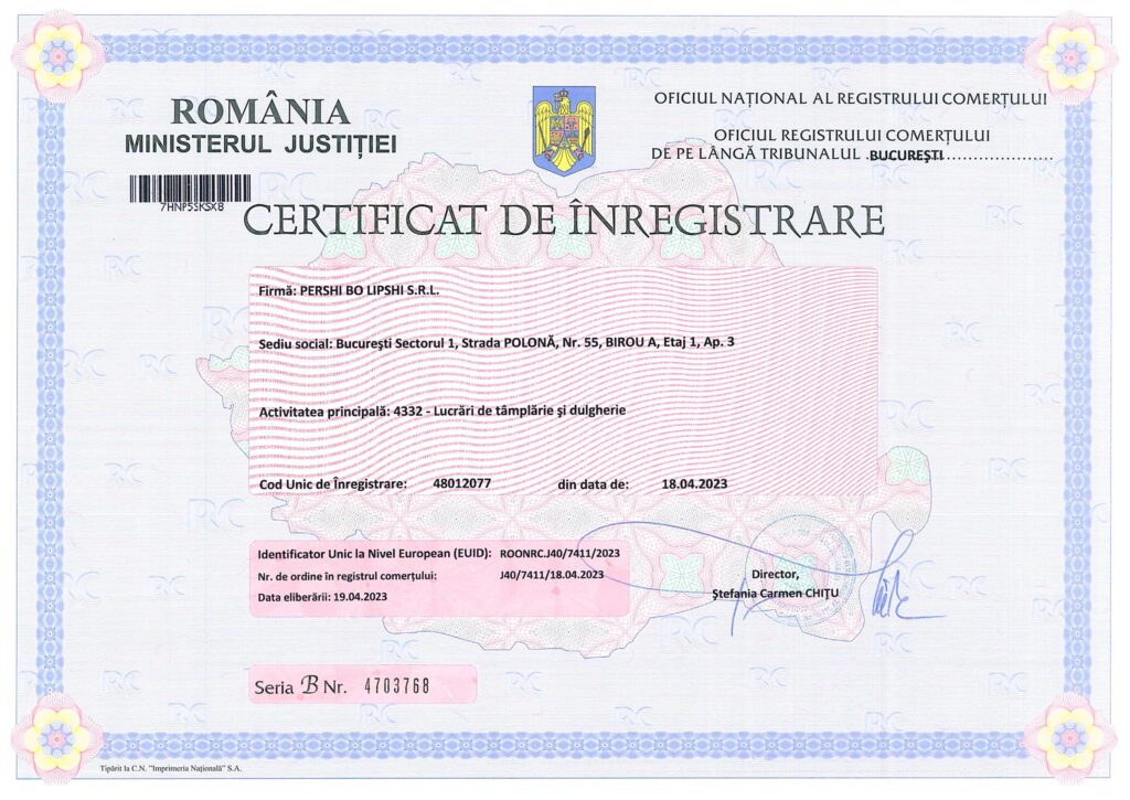Business registration in Romania and obtaining VAT status - acte orc bucuresti infiintare pershi bo lipsi srl 1